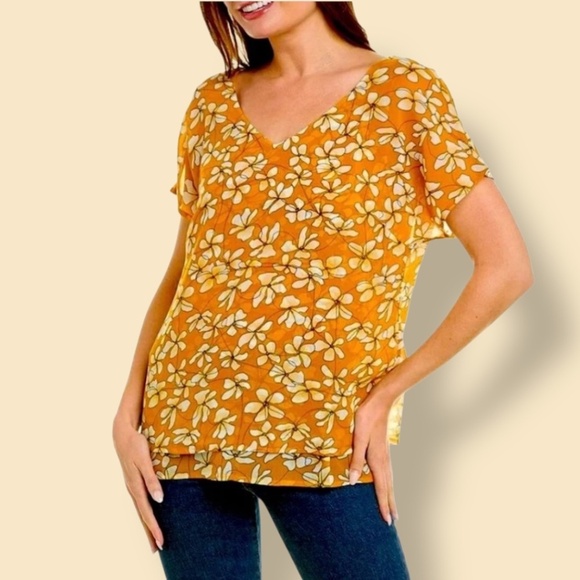 CABI Thrive Top Butterscotch Yellow w/ White Floral Print Double Layer US Sz L - Picture 3 of 12
